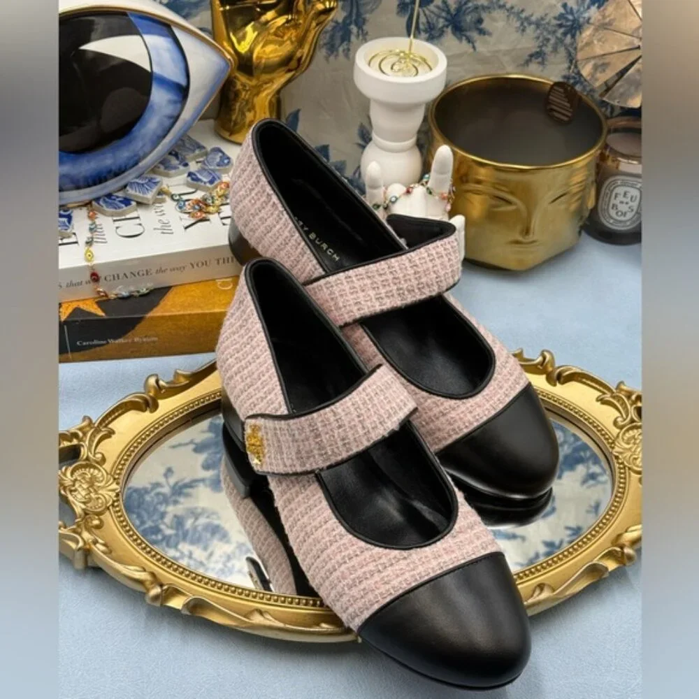 🆕 TORY BURCH 🧿 NWOB Mary Jane Heeled Ballet Flat, Pink Tweed, Sz 7.5 *SAMPLE*